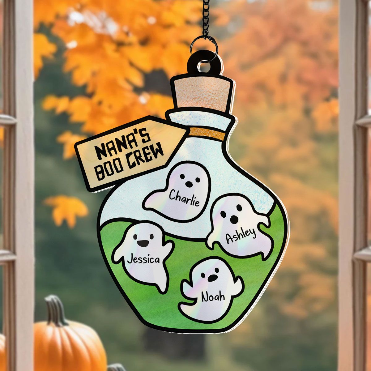 Grandma Little Poison Boo Crew Personalized Suncatcher, Halloween Stained Glass Decor