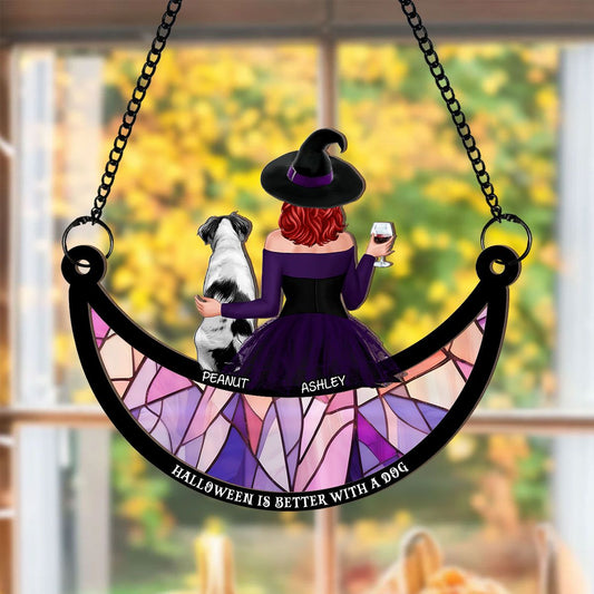 Crazy Dog Witch On Moon Personalized Window Hanger Suncatcher, Halloween Decor