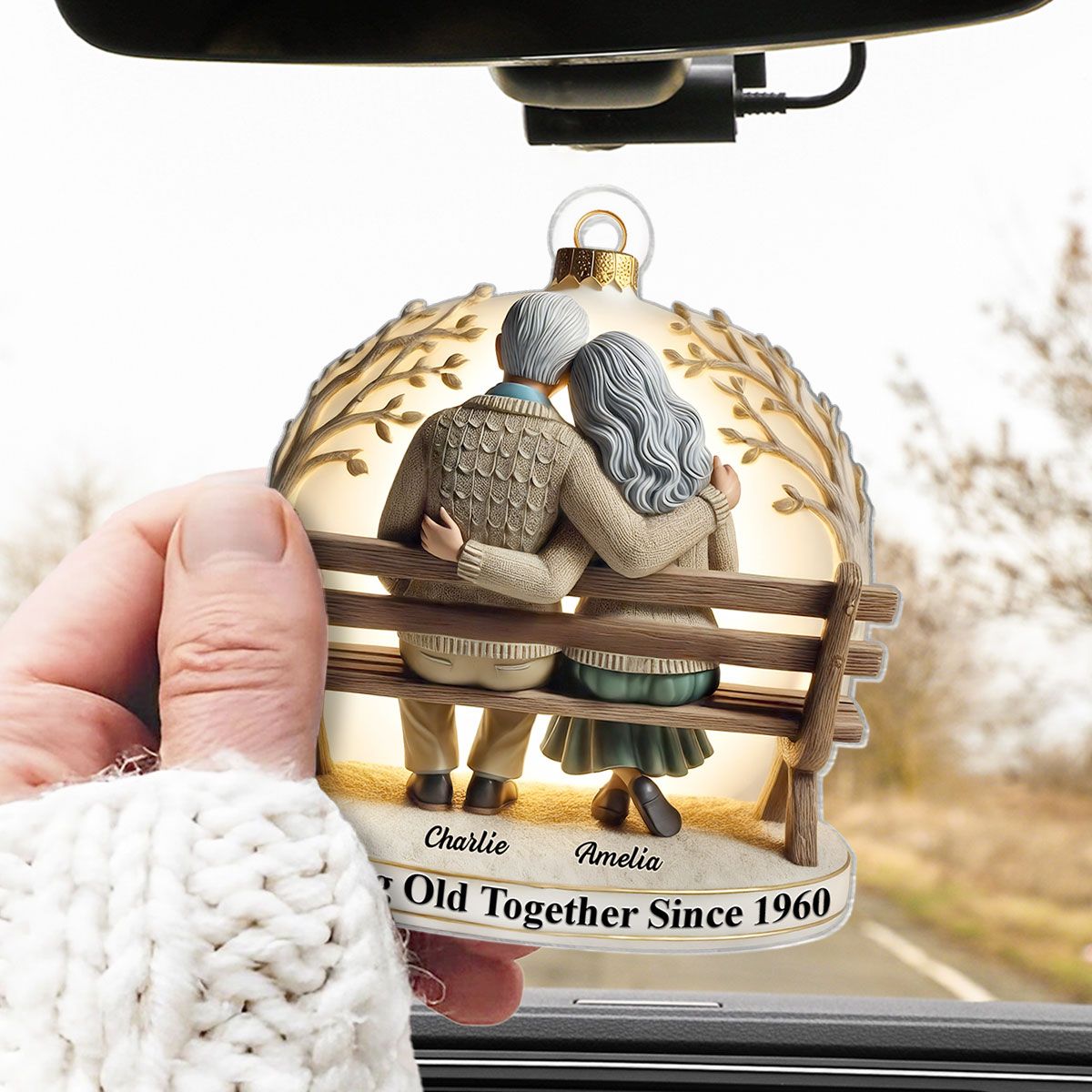 Old Couple Sitting On Bench Together Personalized Car Hanger Ornament, Heartfelt Gift For Couple, For Him, For Her, Husband, Wife