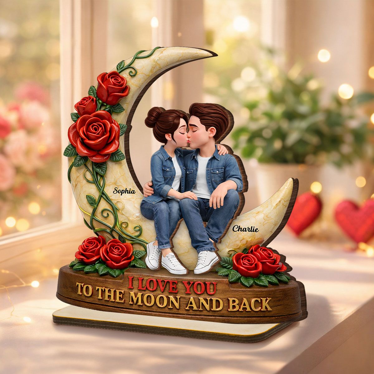 Couple Eternal Love to the Moon and Back - Personalized 2-Layered Wooden Plaque - Sentimental Valentine's Day Gift for Her, for Him
