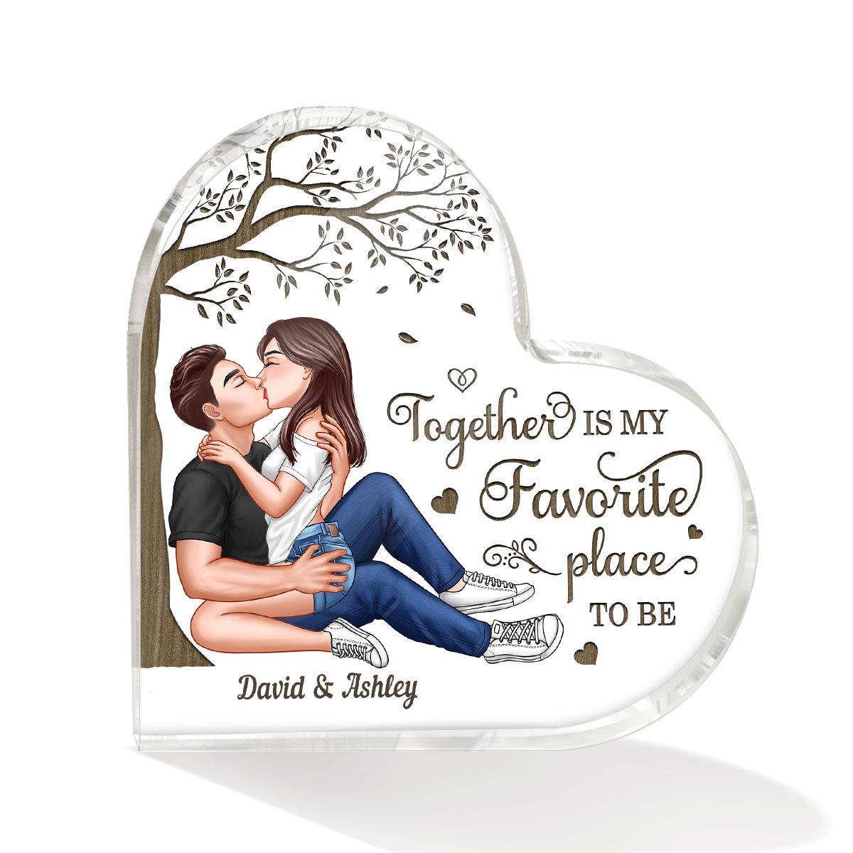 Sexy Couple Kissing Under Wooden Tree Personalized Acrylic Heart Plaque