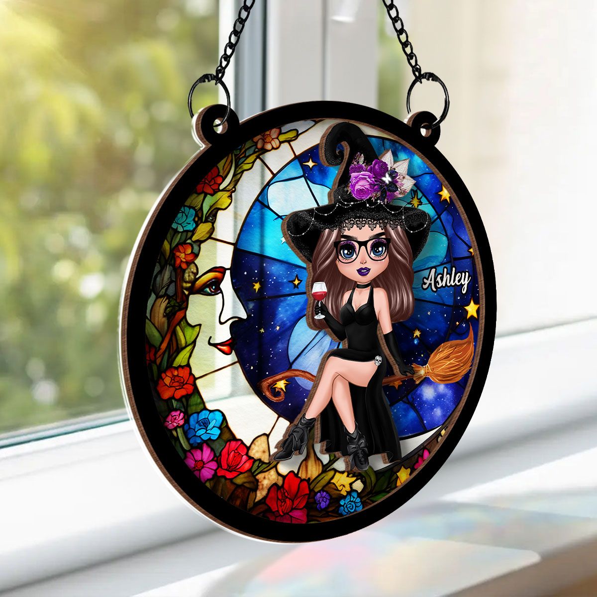 Witch And Moon Personalized Suncatcher, Window Hangings, Halloween Decor, Gift For Witch Lovers