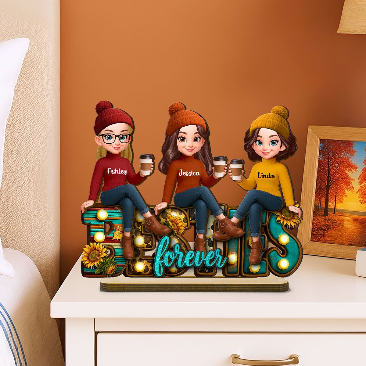 Western Fall Vibe Besties Sitting Personalized Standing Wooden Plaque, Fall Gift for Best Friends