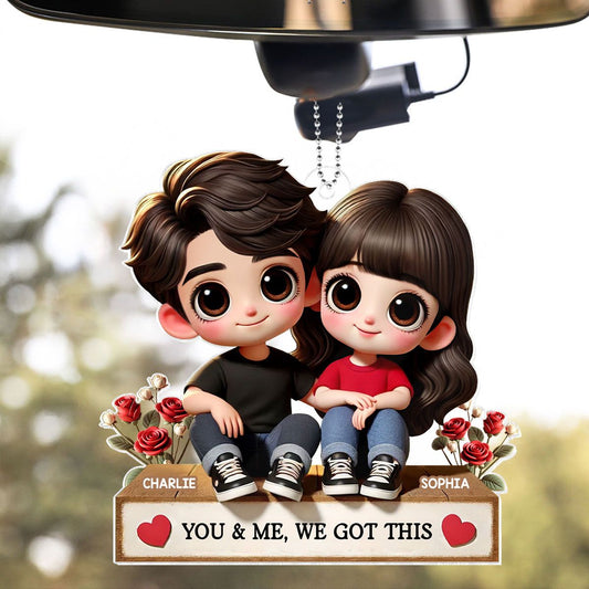 Cartoon Couple Sitting Next To Each Other Personalized Acrylic Car Hanger, Anniversary Valentine's Day Gift for him, Gift for her