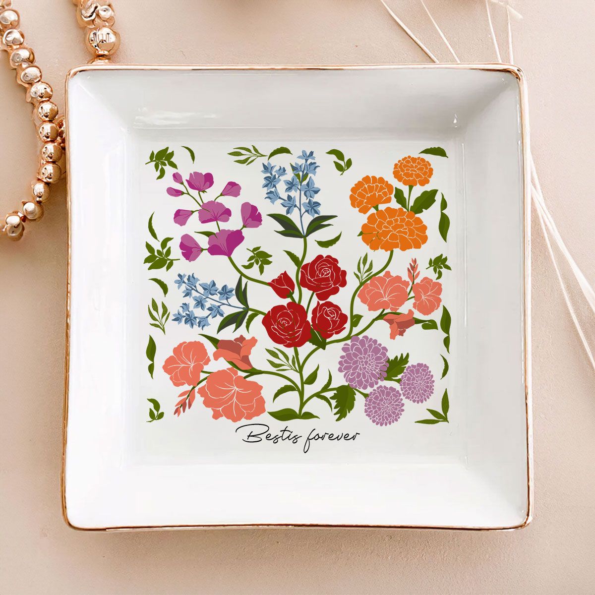 Custom Sisters Besties Birth Flower Bouquet Artwork Minimalist Personalized Jewelry Dish