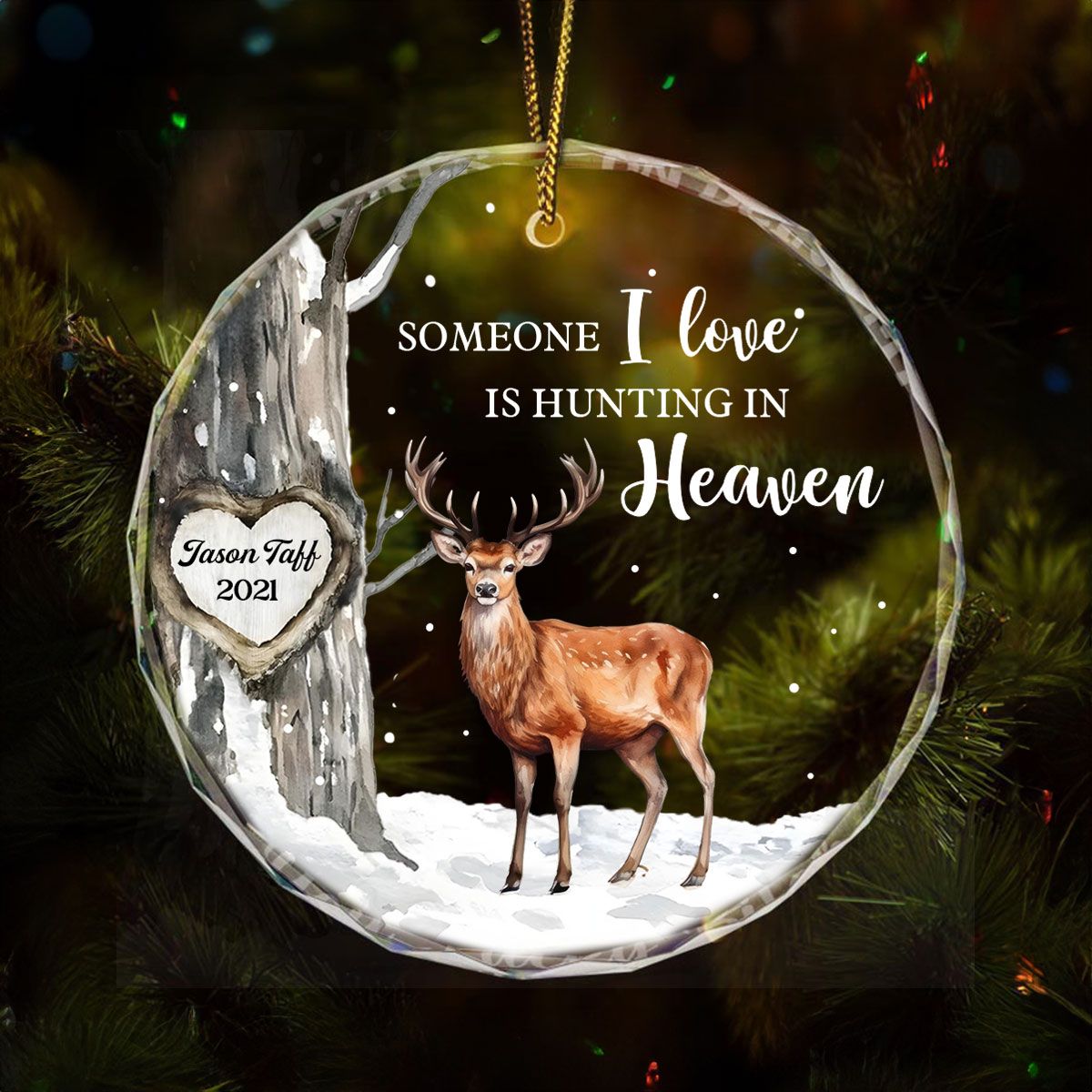 Hunting In Heaven Memorial Winter Personalized Glass Ornament