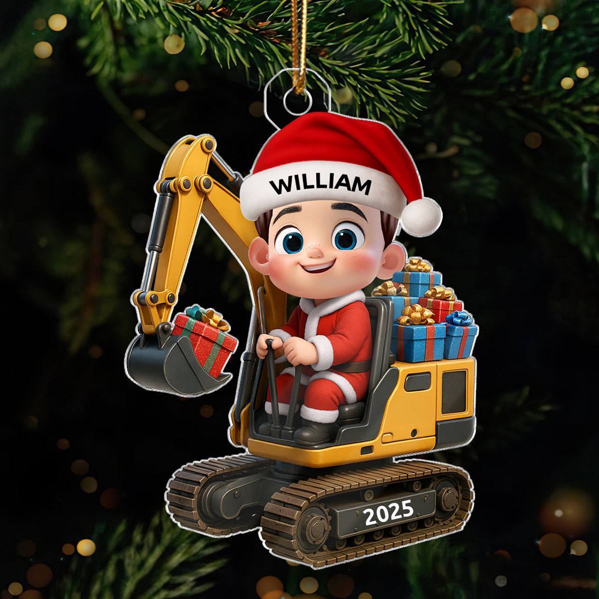 3D Effect Cute Cartoon Kid With Christmas Excavator Personalized Acrylic Ornament, Christmas Gift For Grandkids, Kids