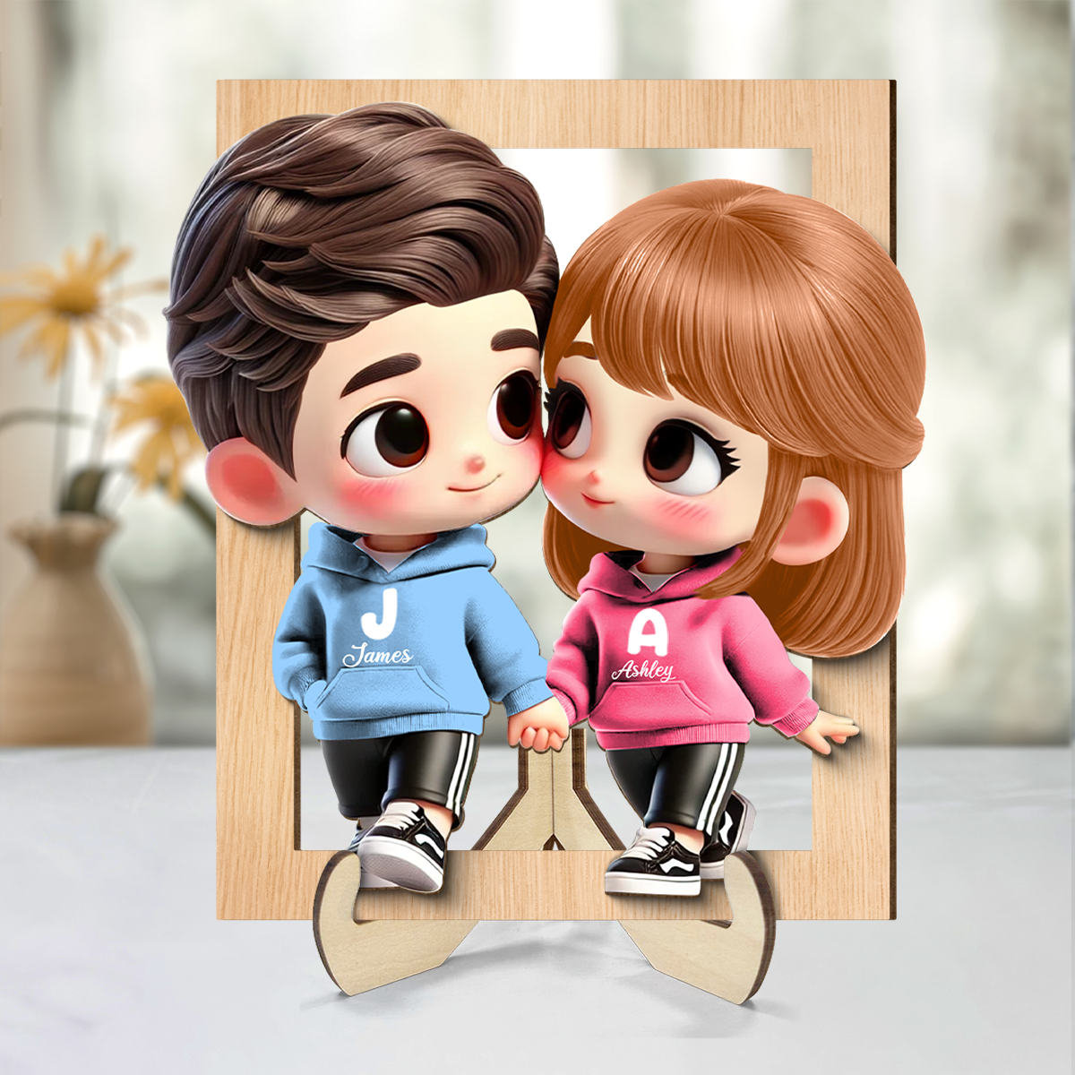 Cute Cartoon Couple Holding Hands Personalized 2-Layered Wooden Plaque, Anniversary & Valentine's Day Gift for him, Gift for her