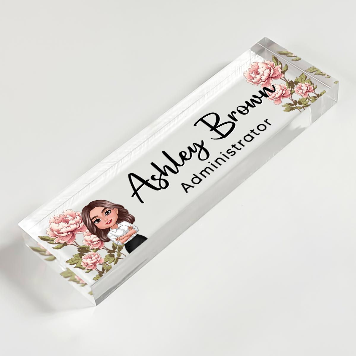 Birth Month Flowers Woman Personalized Acrylic Desk Name Plate, Office Decor, Christmas Gift For Colleagues, Boss, Office Workers, Nurse, Healthcare Workers, Police, Firefighter