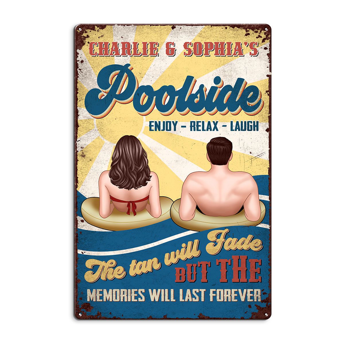 Couple Poolside Enjoy Relax Laugh Personalized Metal Sign