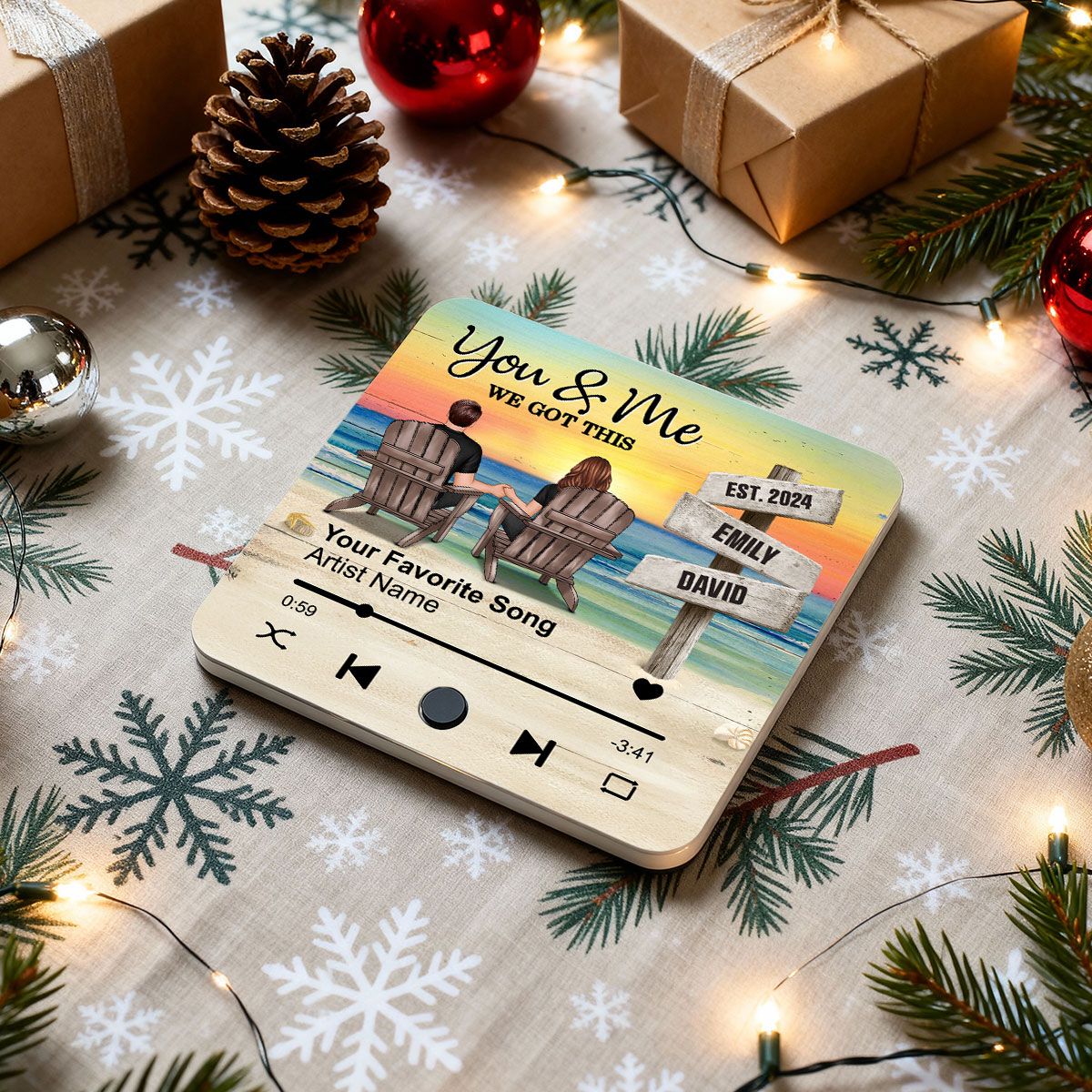 Eternal Love Beach Landscape Couple Sign Posts - Personalized Music Fridge Magnet - Heartwarming Christmas Gift For Couple, For Him, For Her