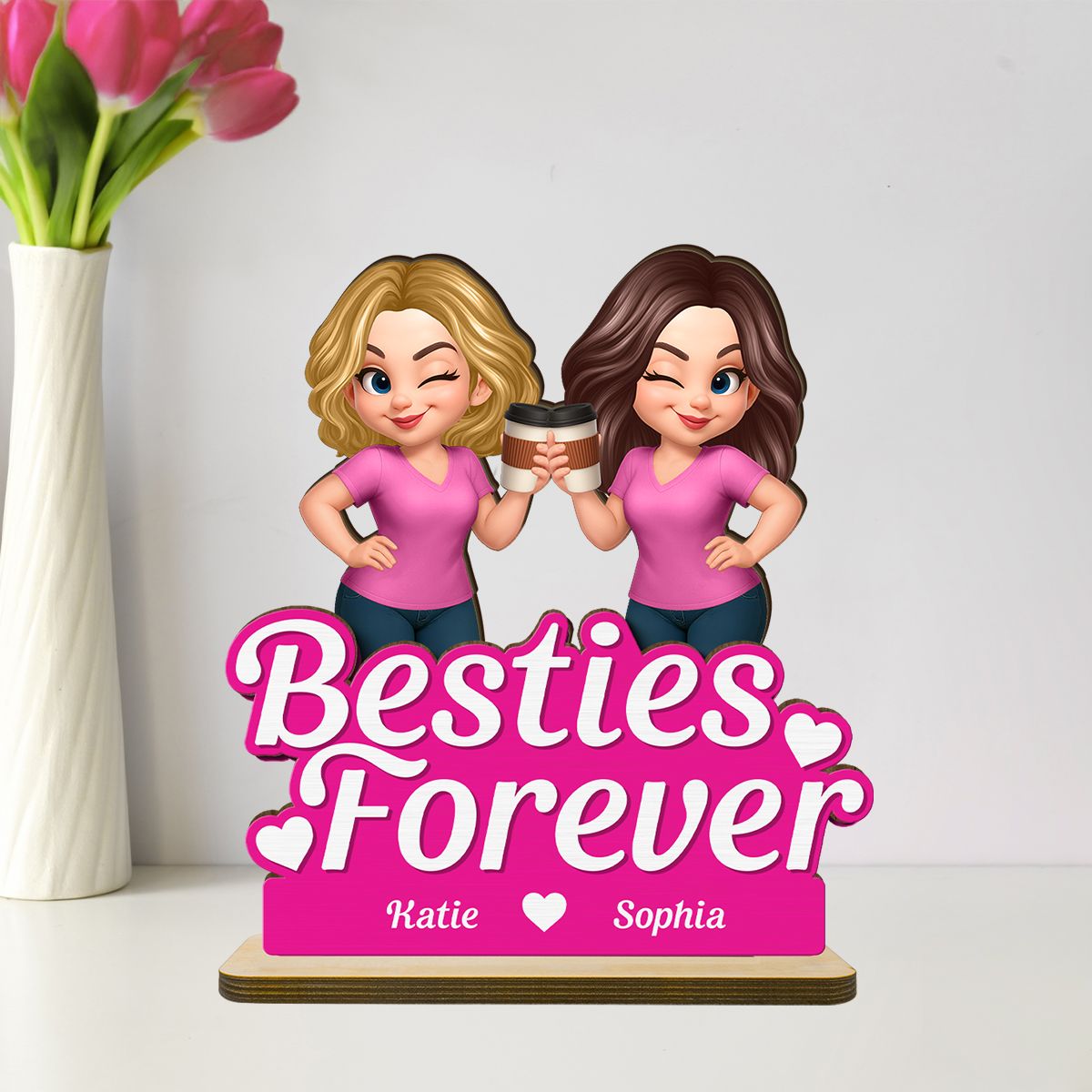 Beautiful Besties Pink Tone Personalized Flat 2-Layer Standing Wooden Plaque