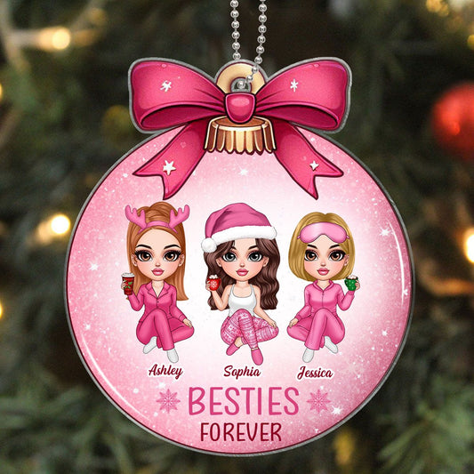 Pink Bow Coquette Besties Sisters Personalized Acrylic Ornament, Christmas Gift