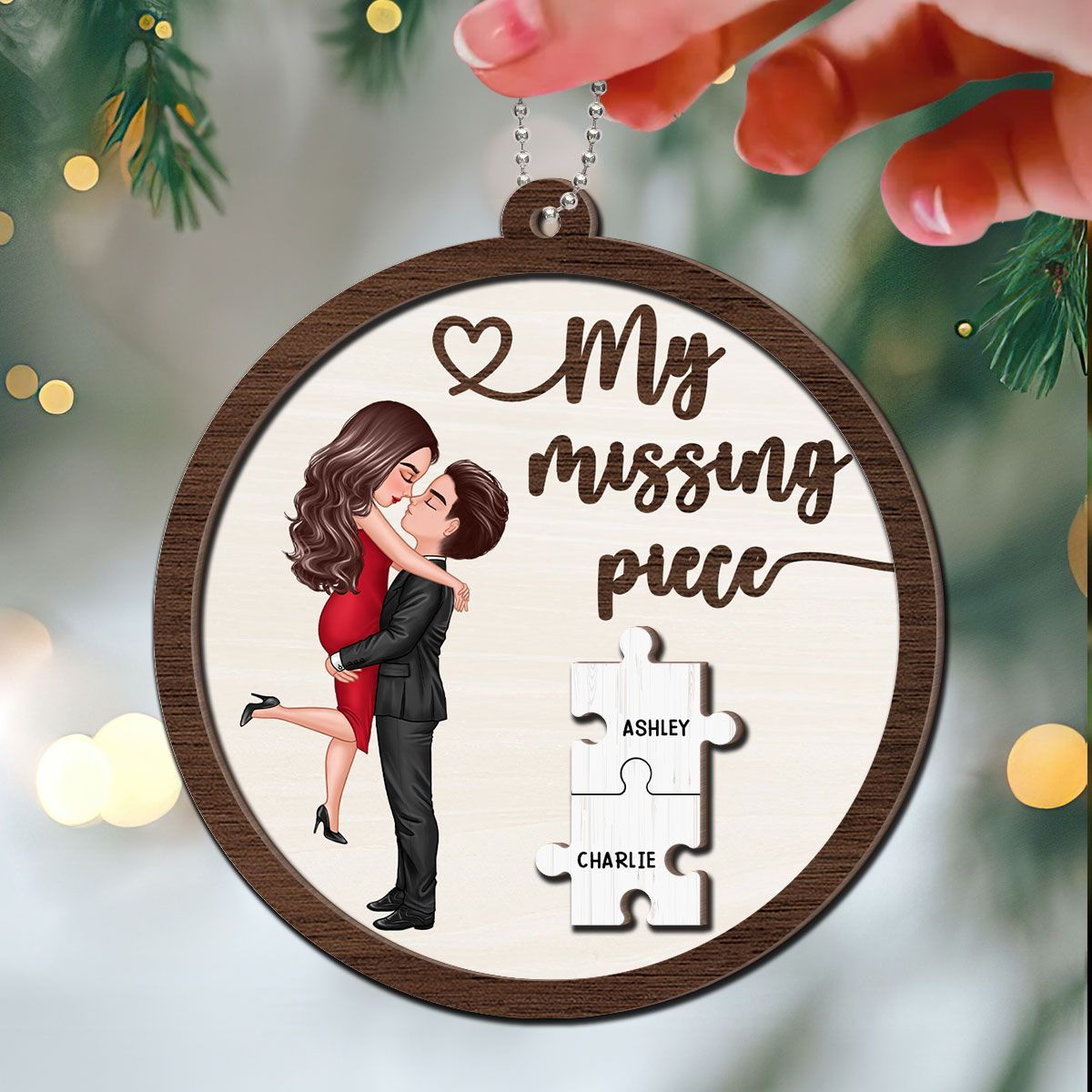 My Missing Piece Couple Hugging Kissing Personalized 2-Layer Wooden Ornament