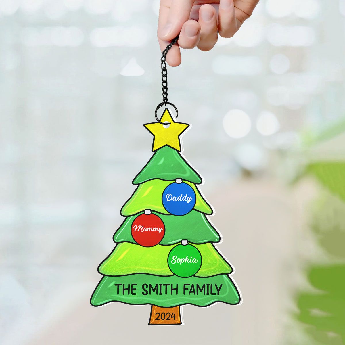 Family Christmas Tree with Jingle Bells Personalized Suncatcher, Christmas Stained Glass Decor