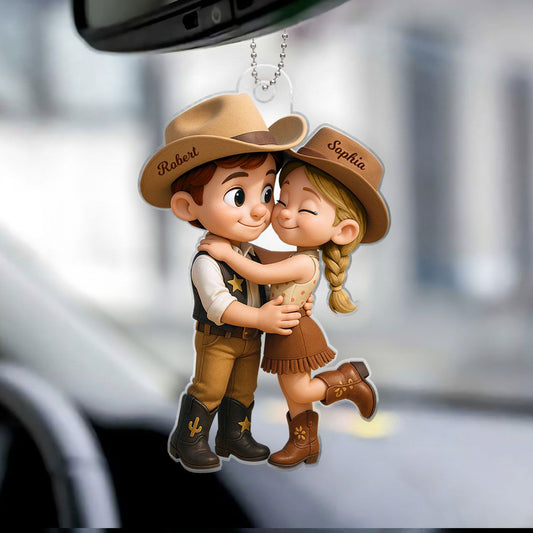 Cartoon Style Countryside Couple Cowboy Cowgirl Car Accessories Personalized Car Hanger Ornament