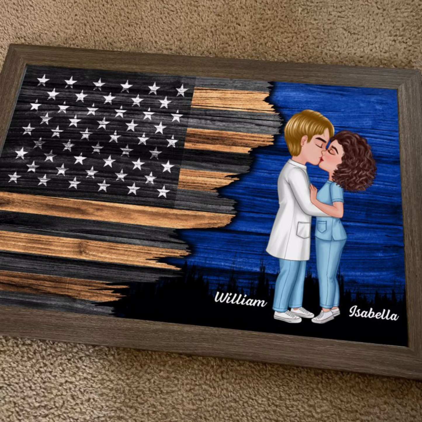 Hero Couple Kissing Half Flag Gifts by Occupation Firefighter, Nurse, Police Officer Personalized Horizontal Poster