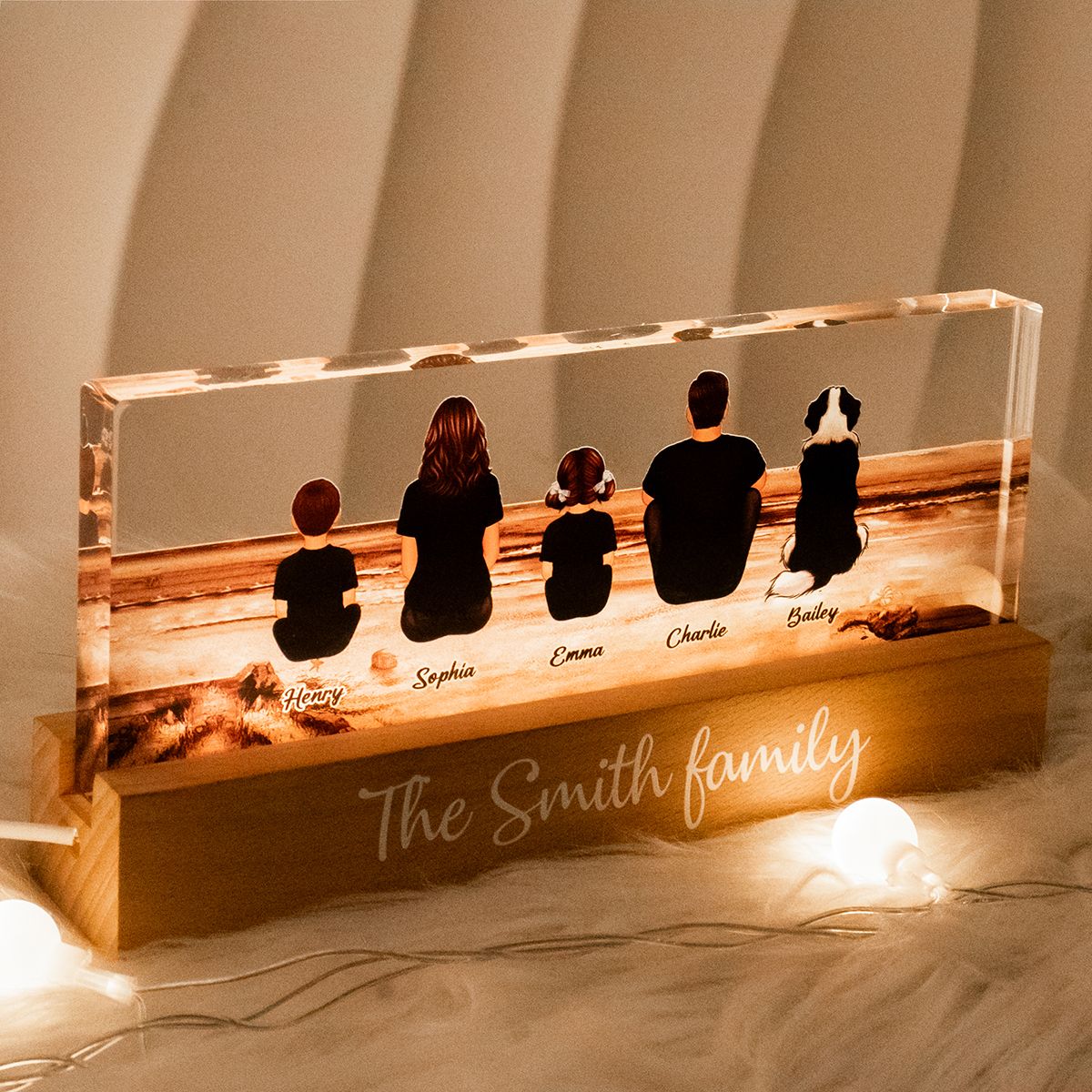 Family Sitting Back View Retro Vintage Beach Landscape Acrylic LED Night Light, Gift For Mom, Gift For Dad