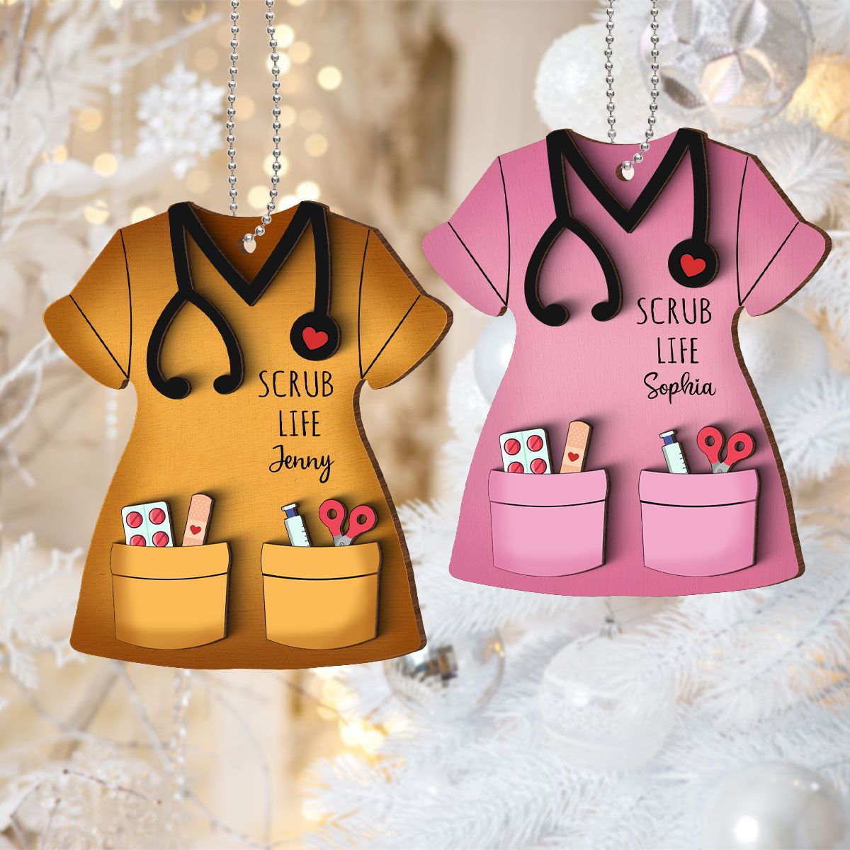 Nurse Scrub Life Personalized 2-Layer Wooden Ornament, Medical Christmas Ornament Gift For Nurses