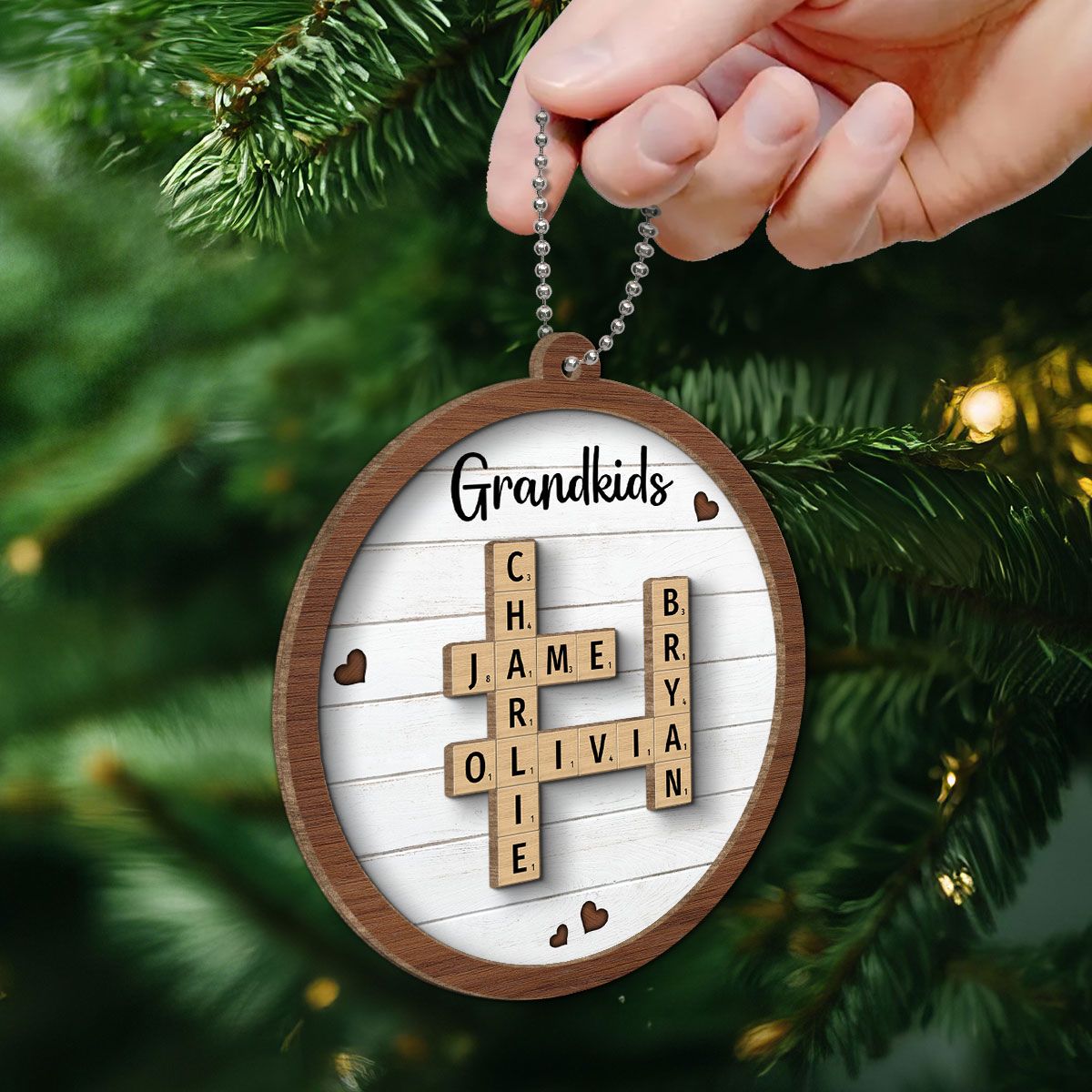 Grandkids Crossword Puzzle Art Personalized 2-Layer Wooden Ornament, Christmas Gift For Grandma, Gift For Mom