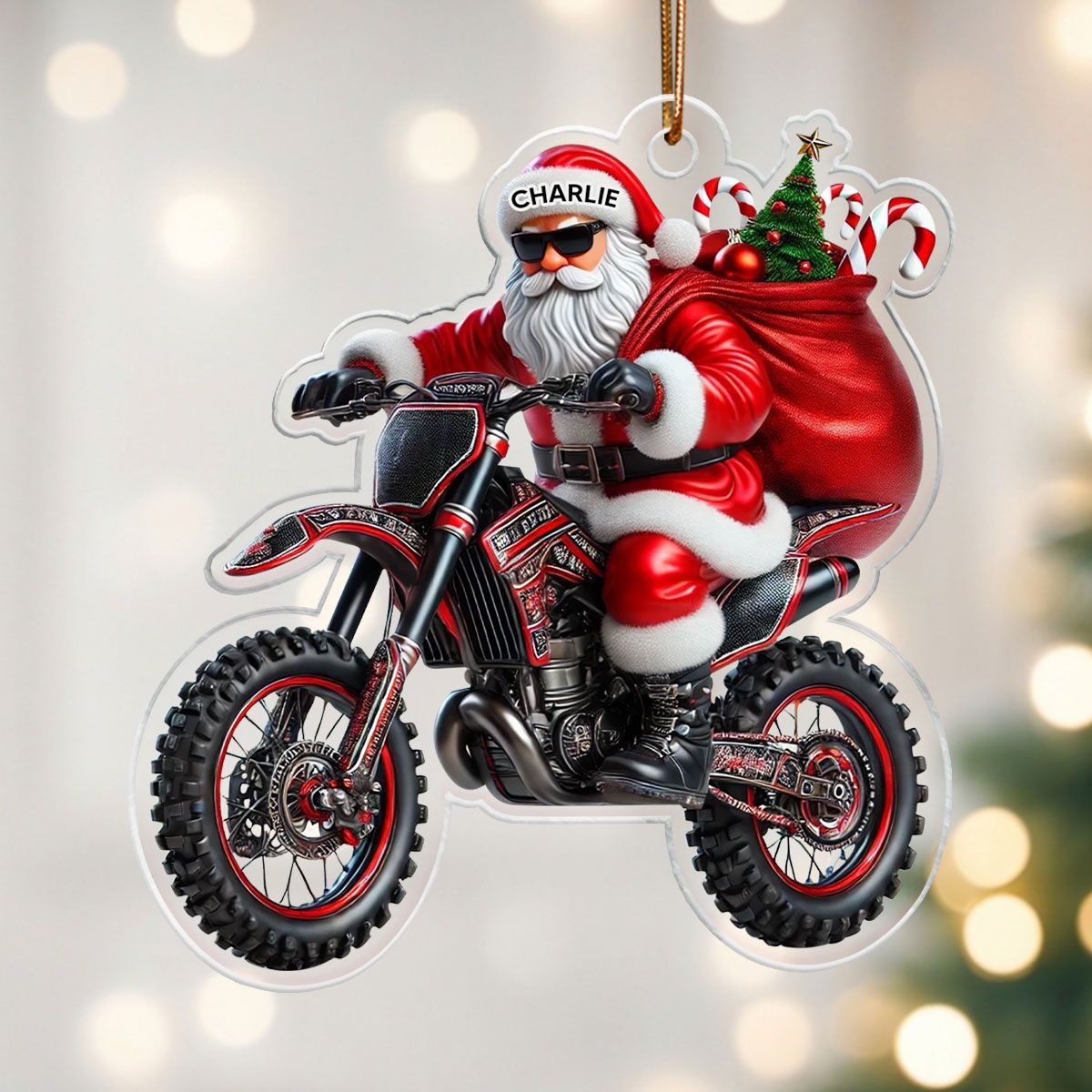 Santa Claus Riding Motorbike Christmas Personalized Acrylic Ornament, Motorcycle, Motocross, Bikers Christmas Gift