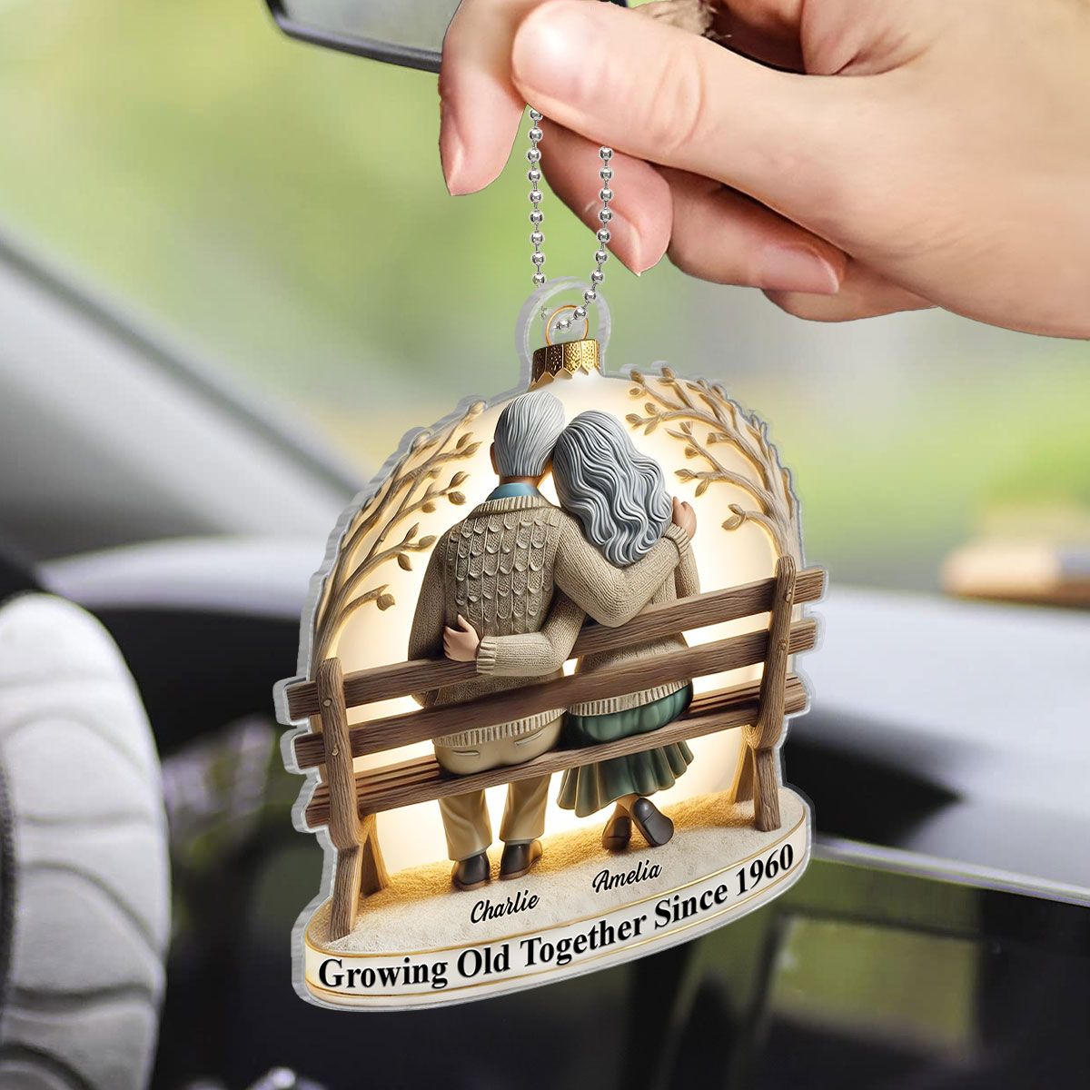 Old Couple Sitting On Bench Together Personalized Car Hanger Ornament, Heartfelt Gift For Couple, For Him, For Her, Husband, Wife