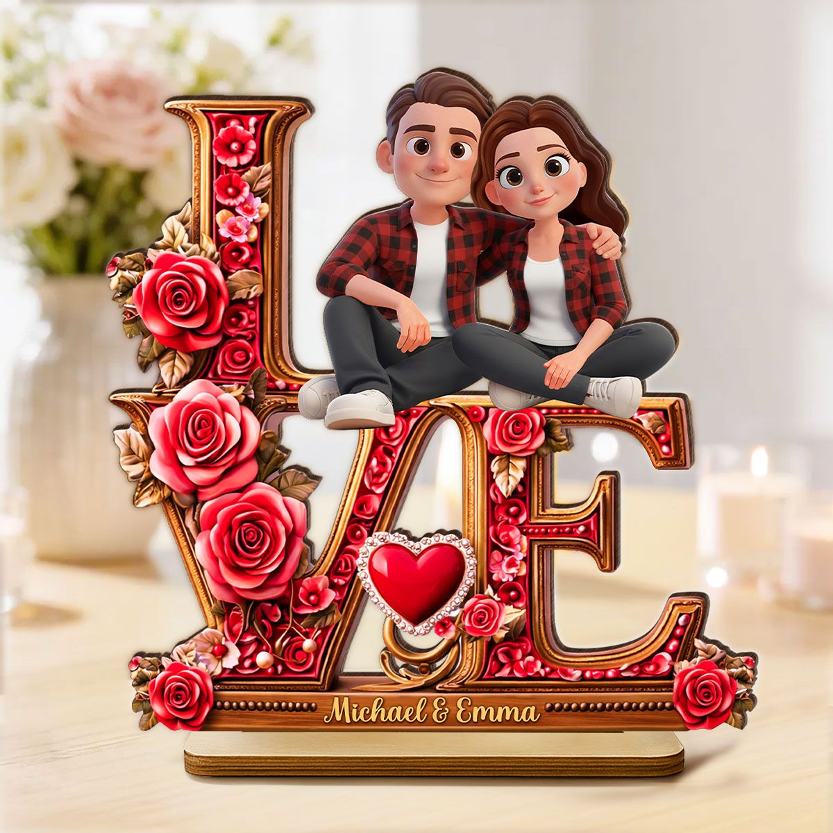 Couple Heart Rose Love - Personalized 2-Layered Wooden Plaque - Heartfelt Valentine's Day Gift for Her, for Him