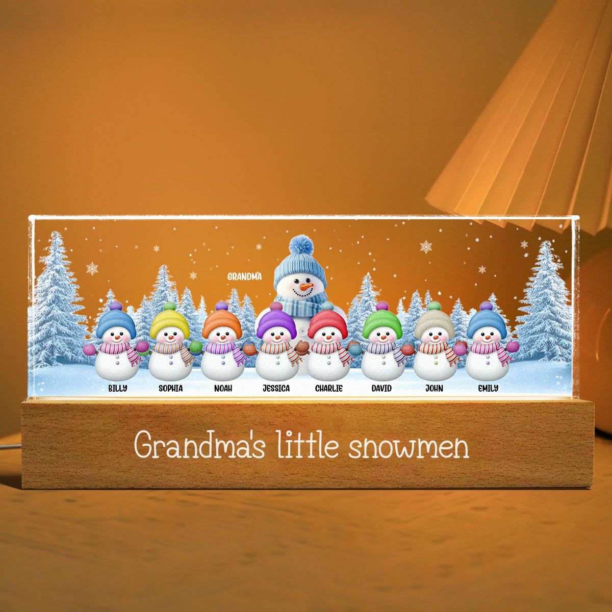 Grandma Grandkids Snowman Personalized Acrylic Block LED Night Light, Christmas Gift for Grandma