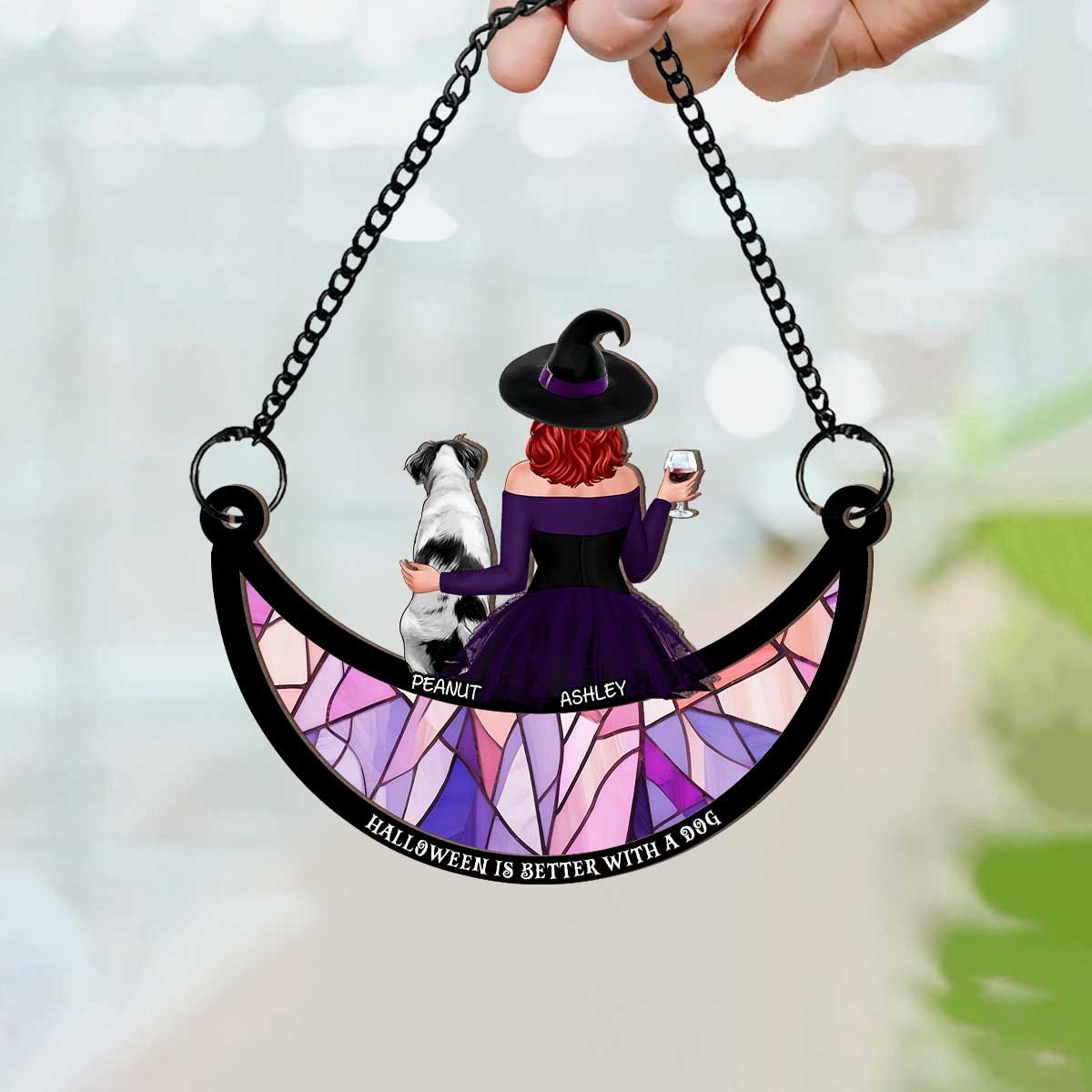 Crazy Dog Witch On Moon Personalized Window Hanger Suncatcher, Halloween Decor