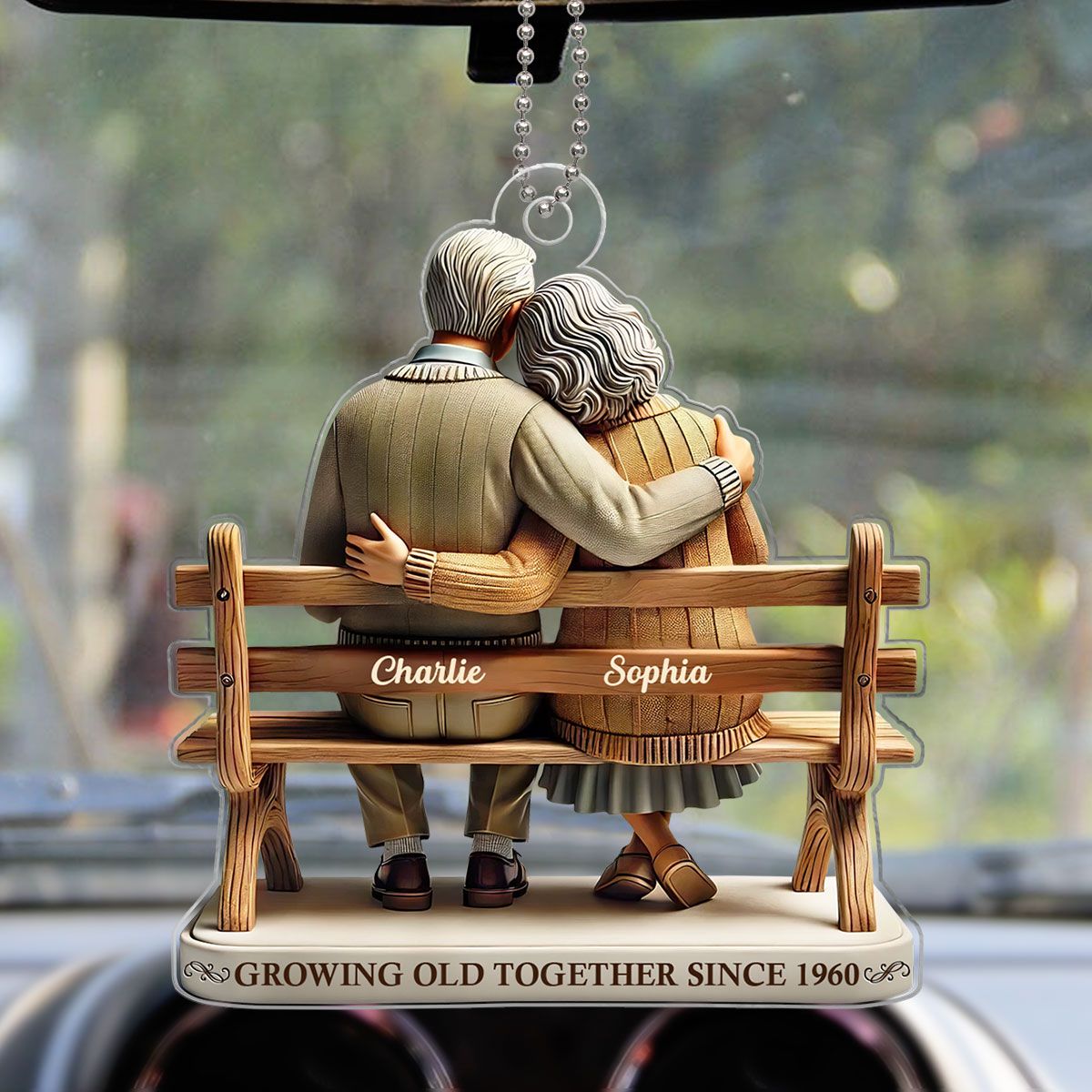 Old Couple Sitting On Bench Growing Old Together Since Personalized Car Hanger Ornament, Heartfelt Gift For Couple, For Him, For Her, Husband, Wife