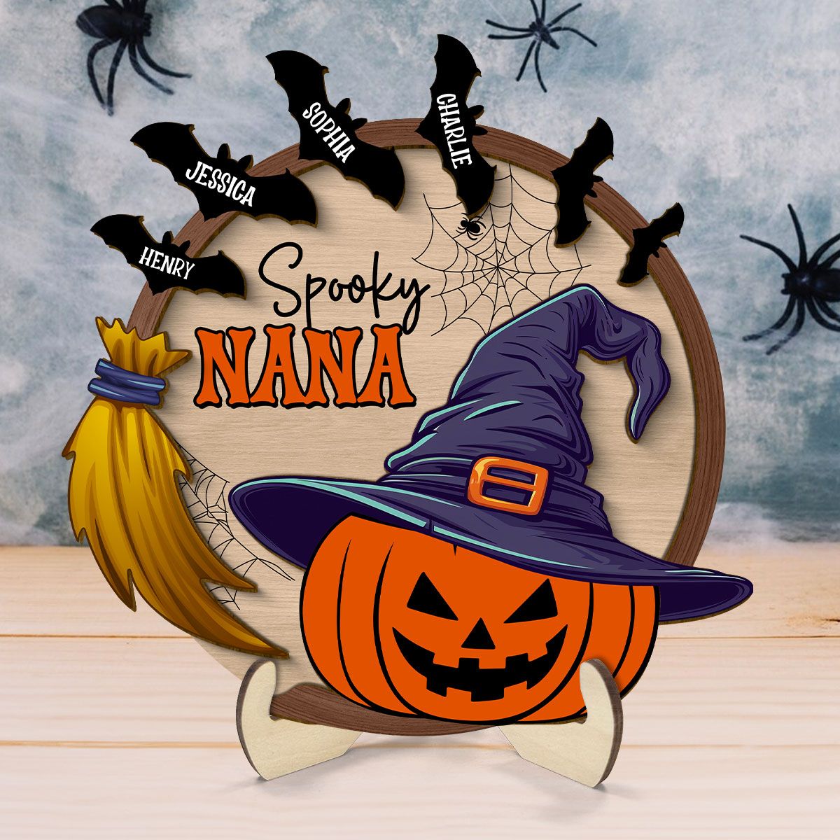 Spooky Grandma Mom Pumpkin Witch Hat Personalized 2-Layer Standing Wooden Plaque, Halloween Decor