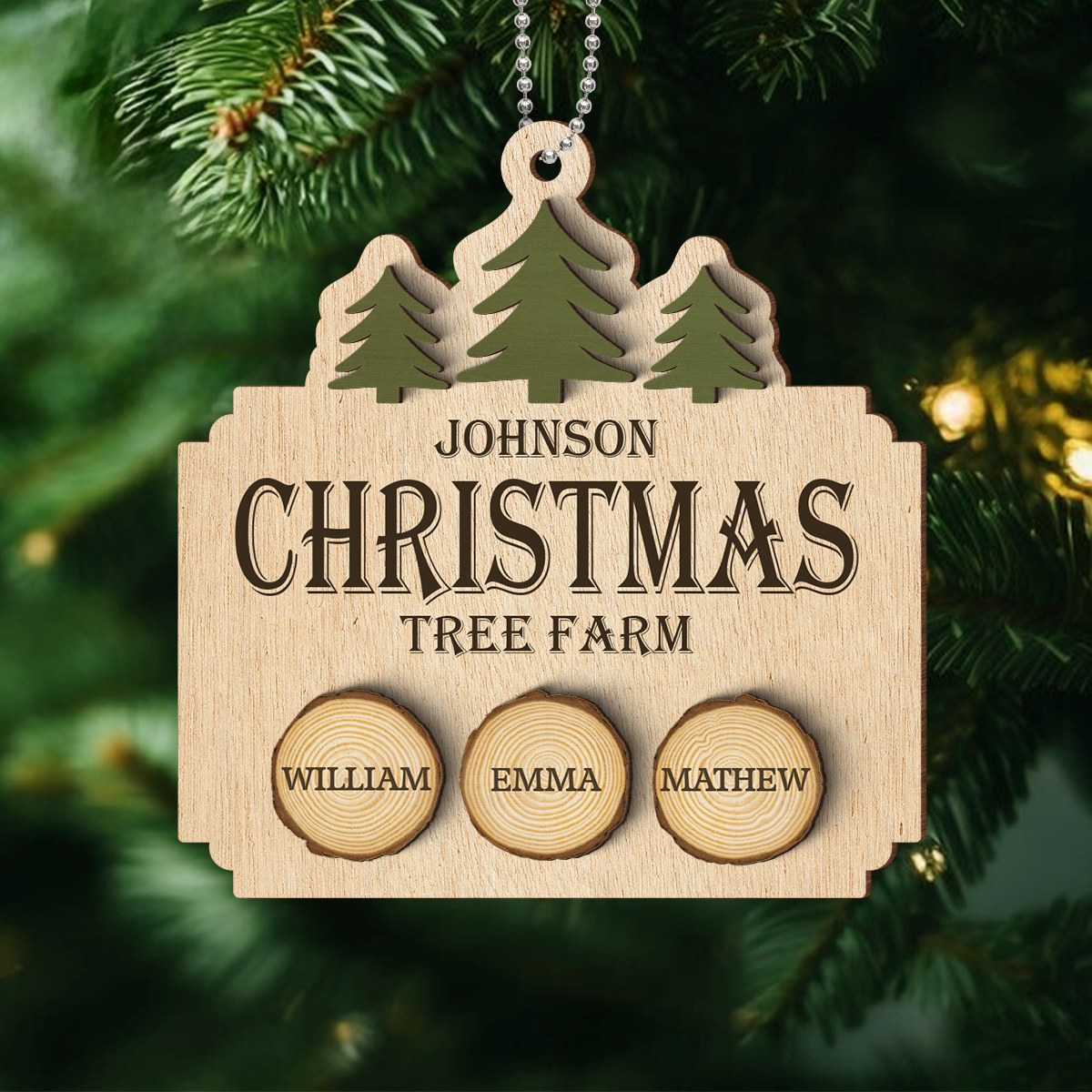 Christmas Tree Farm Family Wood Slice Personalized 2-Layer Wooden Ornament