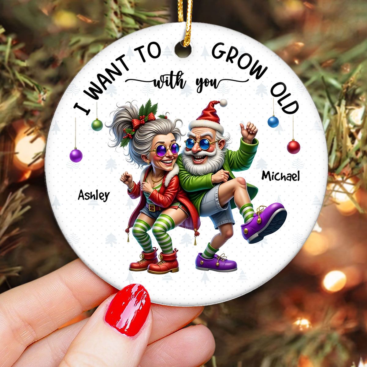 Funny Elderly Couple Christmas Party Whimsical Holiday Personalized Ceramic Ornament