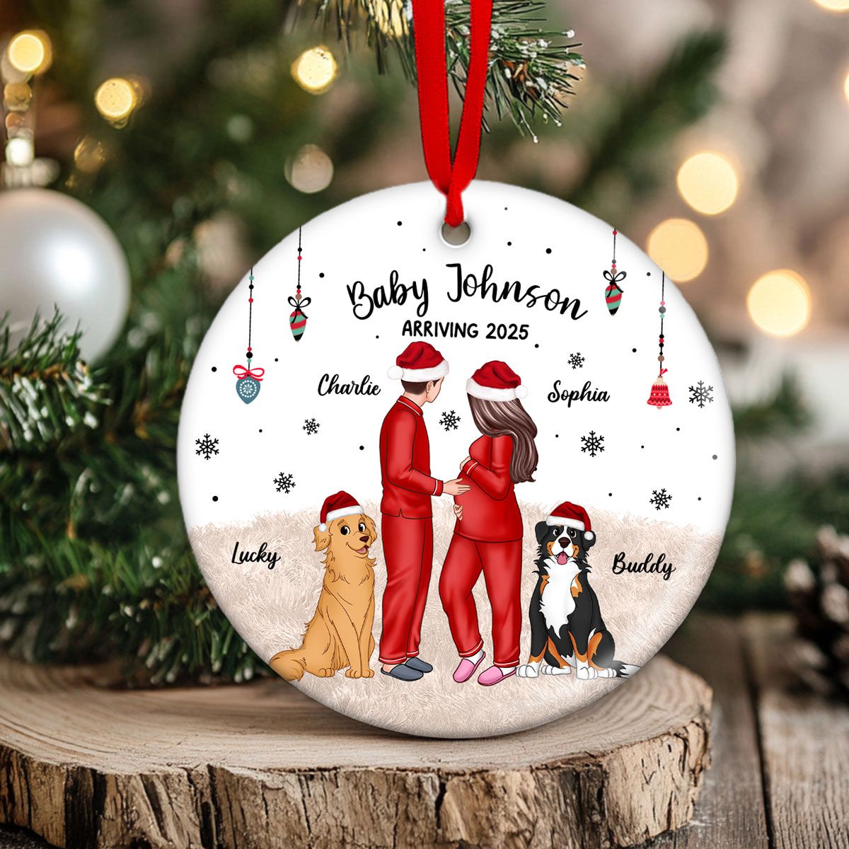 Personalized Pregnancy Ornament, Expecting Family Christmas Personalized Circle Ceramic Ornament, New Mom Christmas Gift