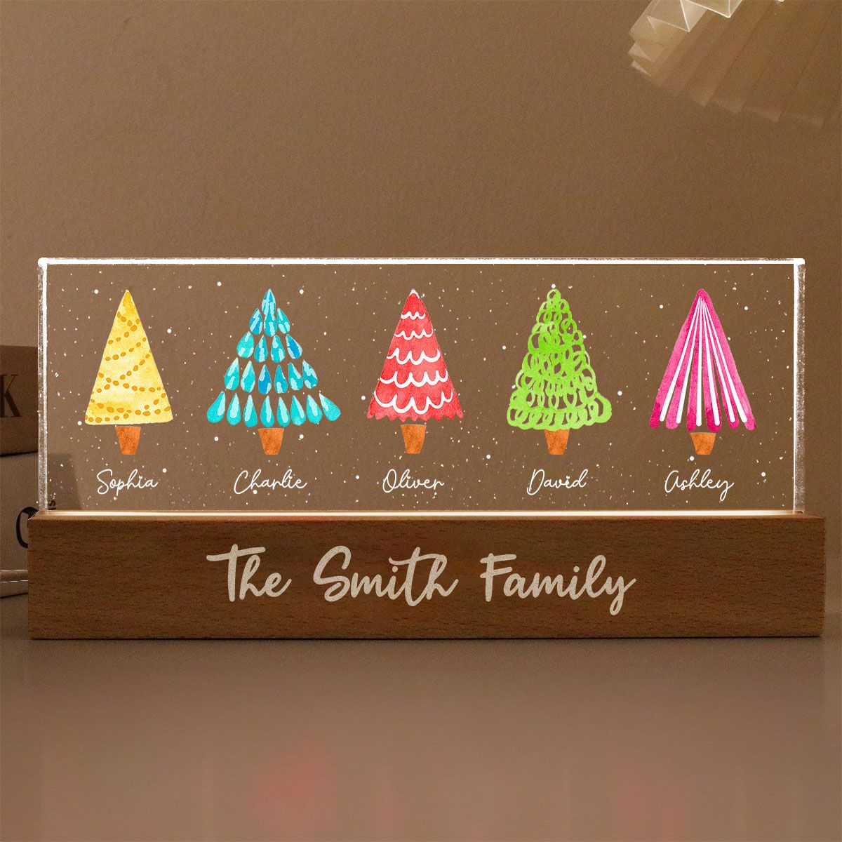 Colorful Christmas Tree Family Personalized Acrylic Block LED Night Light