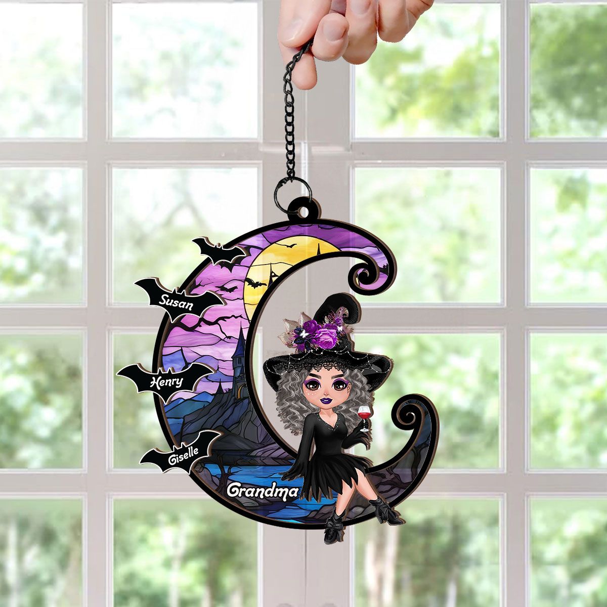 Grandma Mom Witch On Moon Personalized Suncatcher, Halloween Decor