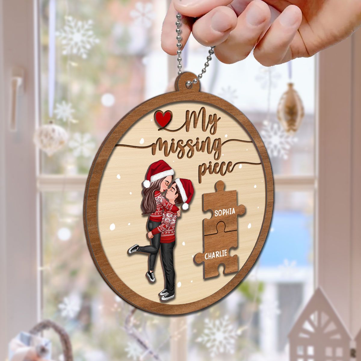 My Missing Piece Couple Hugging Kissing Christmas Personalized 2-Layer Wooden Ornament