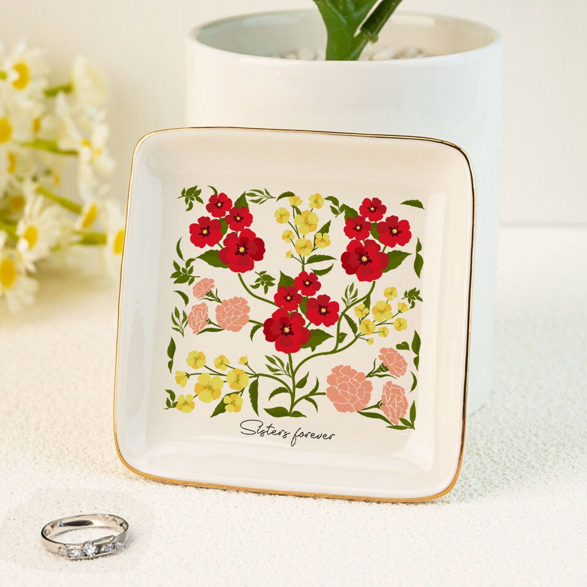 Custom Sisters Besties Birth Flower Bouquet Artwork Minimalist Personalized Jewelry Dish