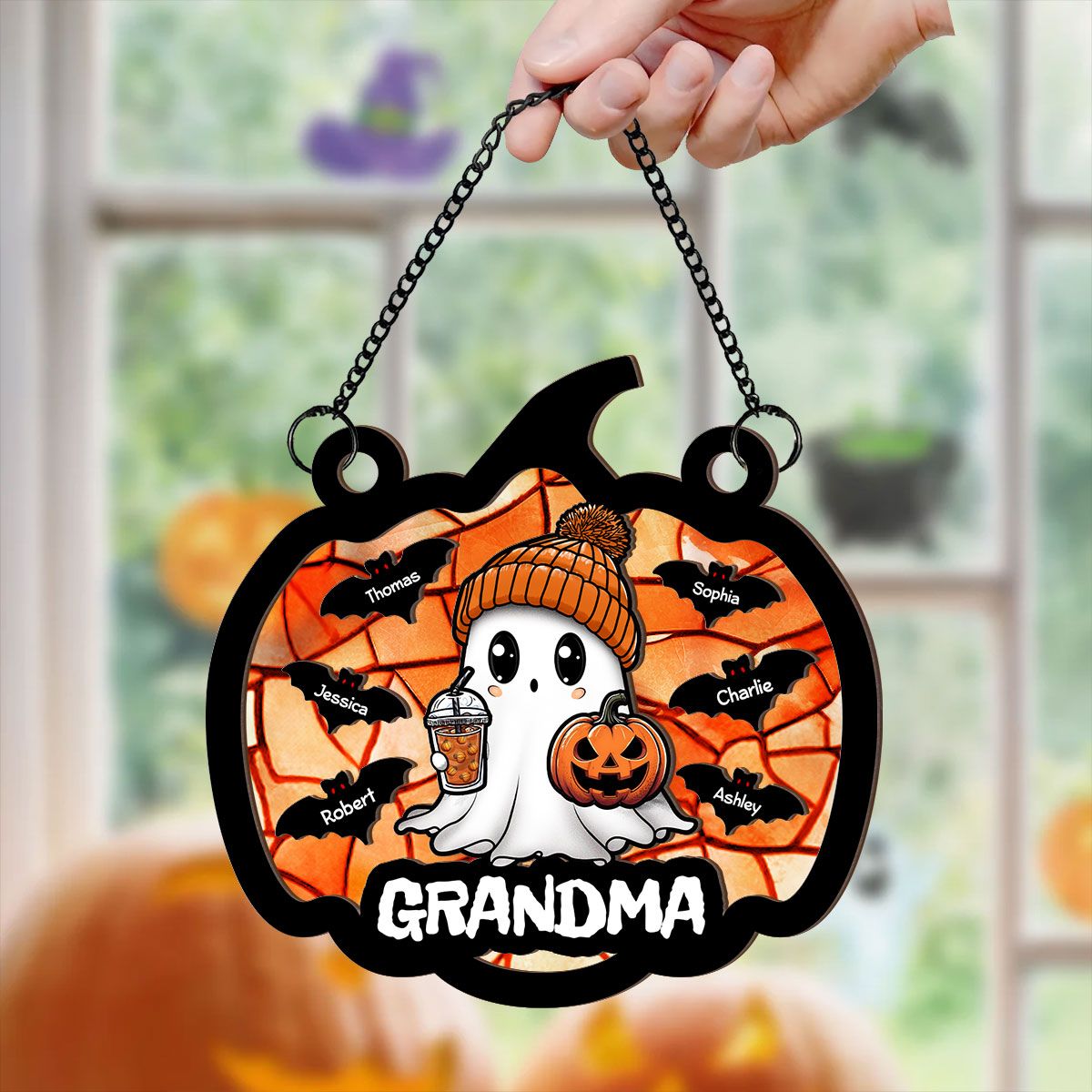 Fall Season Halloween Grandma Boo Personalized Suncatcher, Halloween Decoration