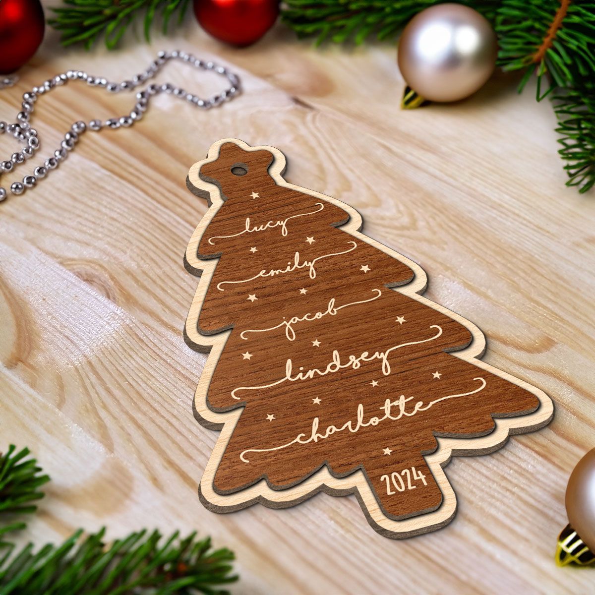 Beautiful Christmas Tree With Family Members Names Personalized 2-Layer Wooden Ornament