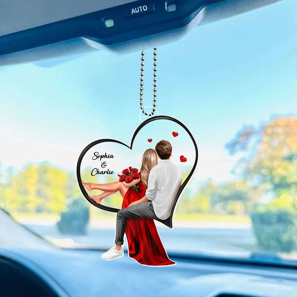 Couple Sitting On Heart Personalized Acrylic Car Hanger, Valentine's Day Gift, Anniversary Gift for Couples