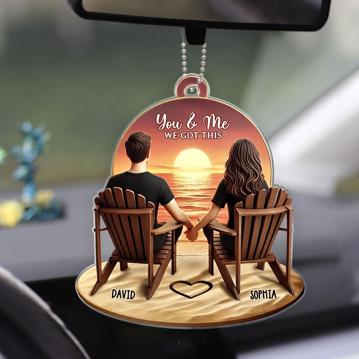 Couple Beach Landscape Retro Vintage Personalized Car Hanger, Anniversary Gift For Couple