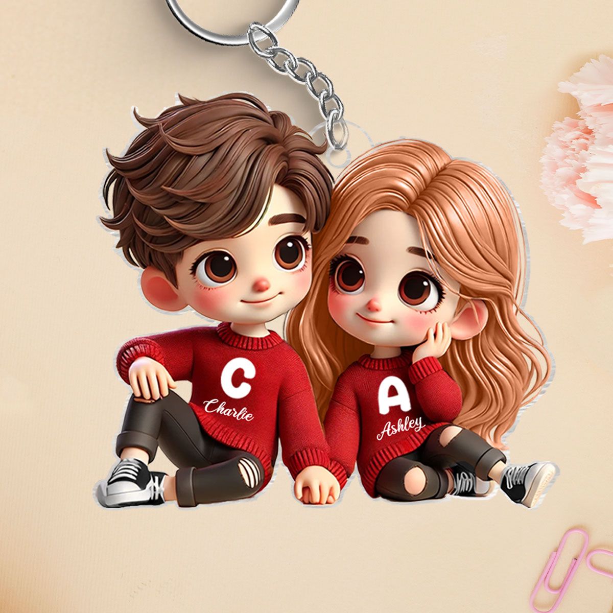 Cute Couple Sitting Together Personalized Acrylic Keychain, Gift for him, Gift for her