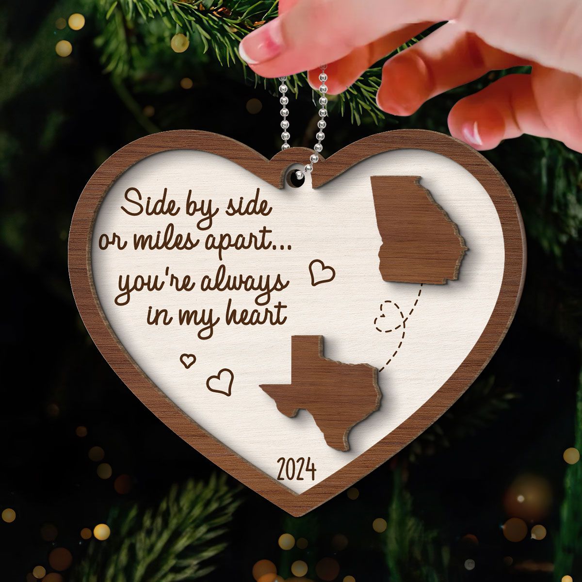 Miles Apart Long Distance Family Friendship State Map Personalized 2-Layer Wooden Ornament, Togetherness Keepsake