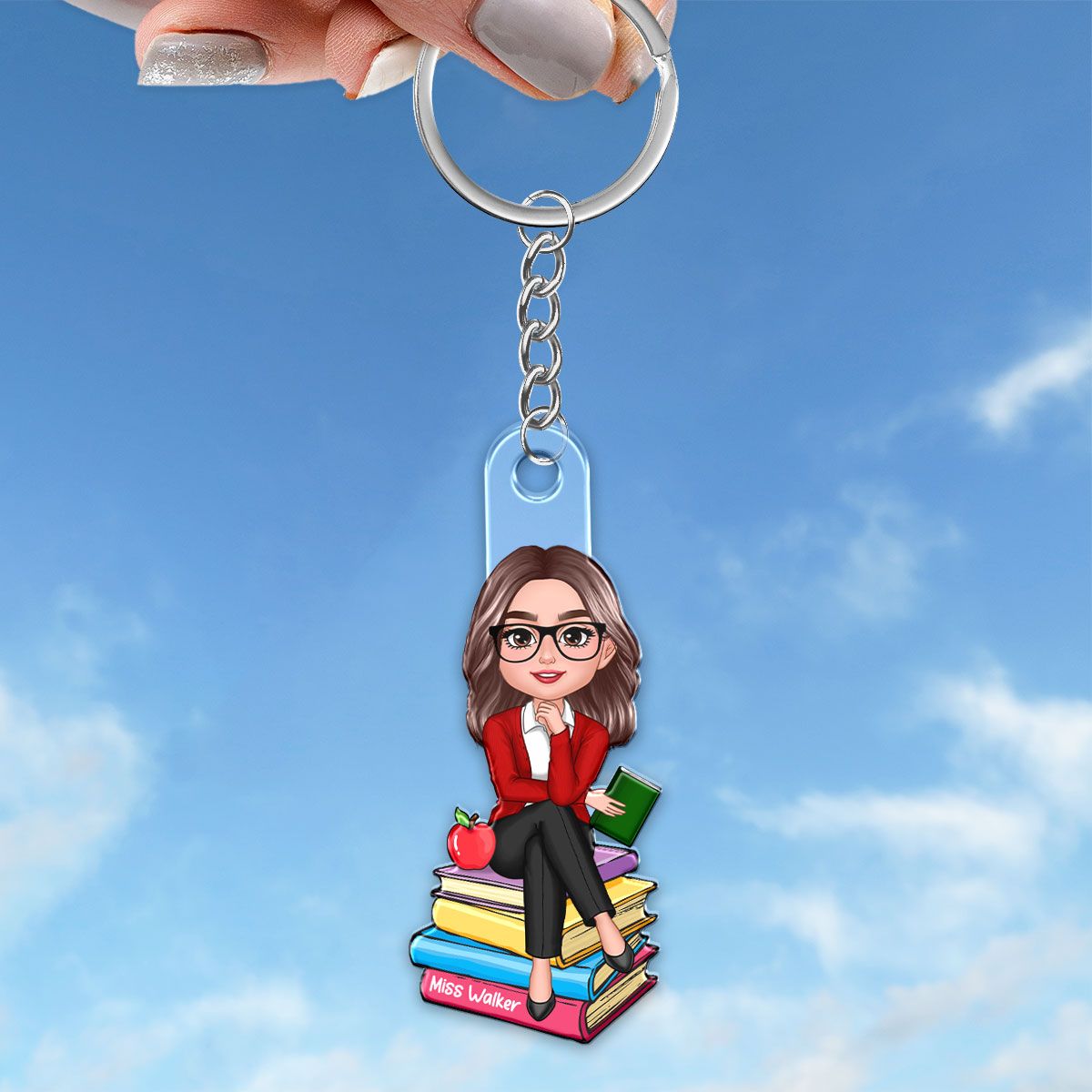 Doll Teacher Sitting On Books Personalized Acrylic Keychain