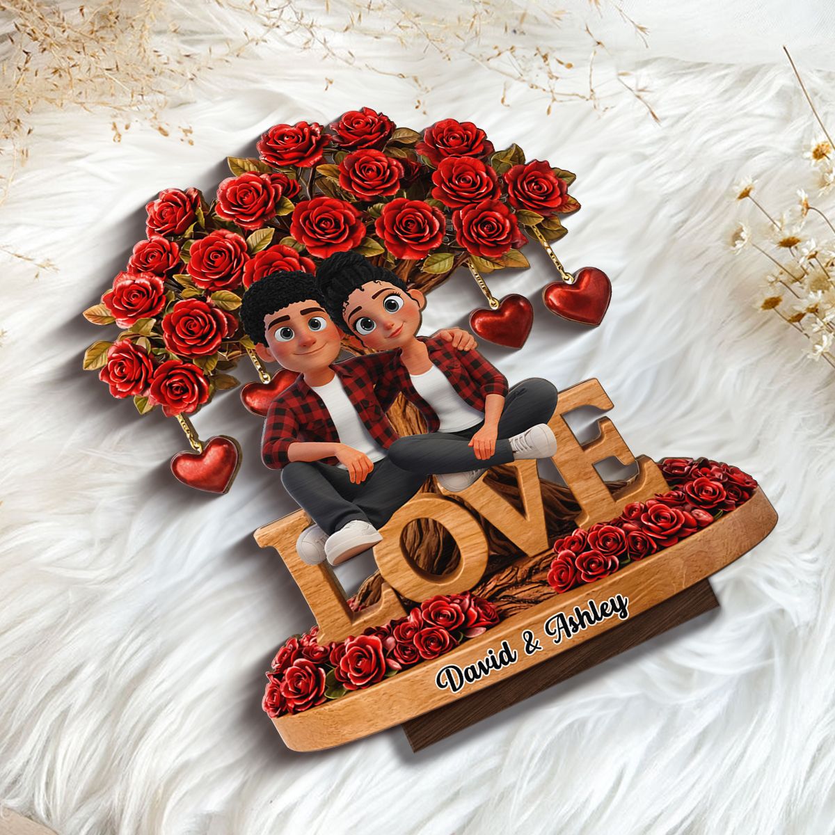 Couple Love Rose Tree Valentine's Day - Personalized 2-Layered Wooden Plaque - Sentimental Gift for Her, for Him