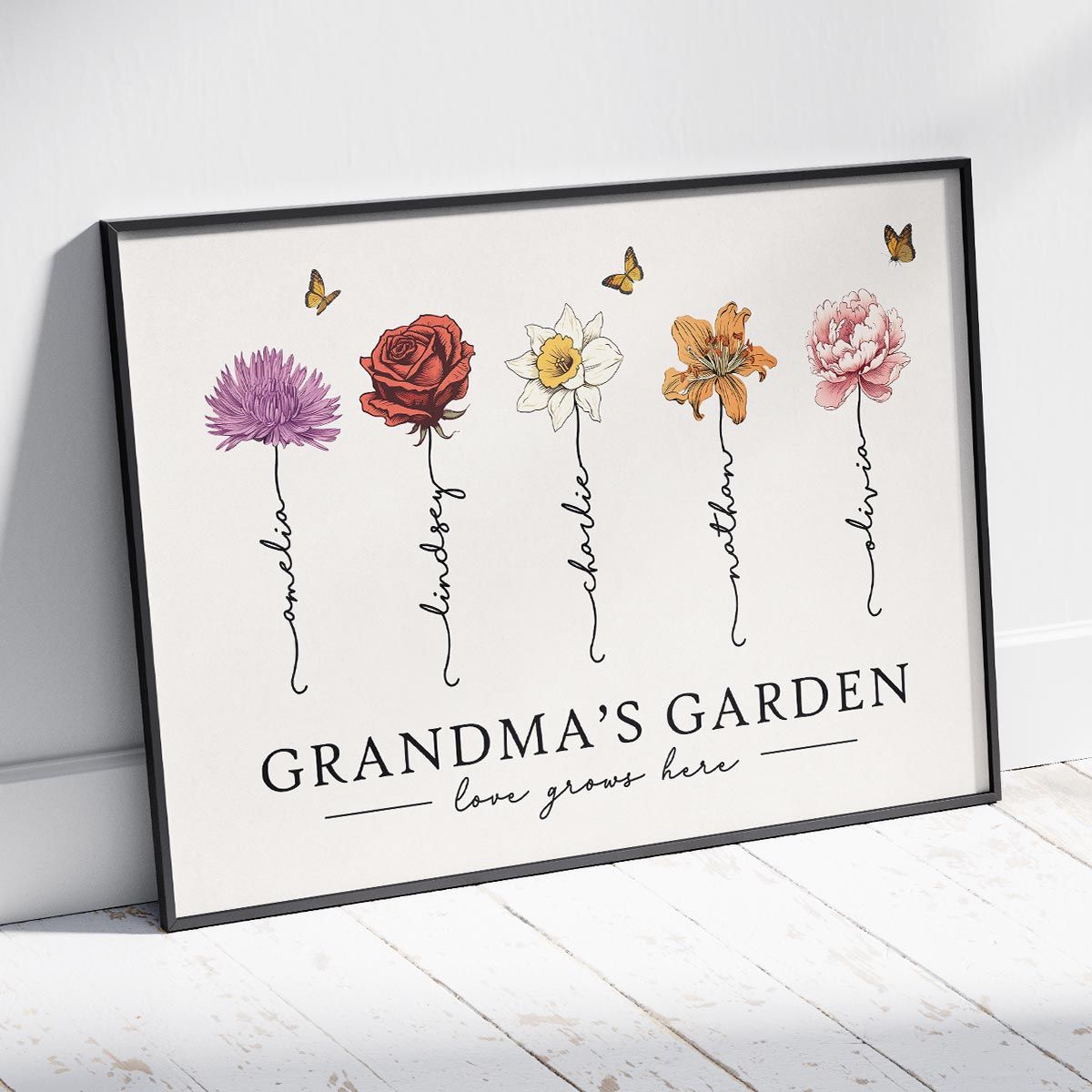 Grandma‘s Garden Love Grows Here Beautiful Birth Month Flower Gift For Grandma Mom Personalized Canvas