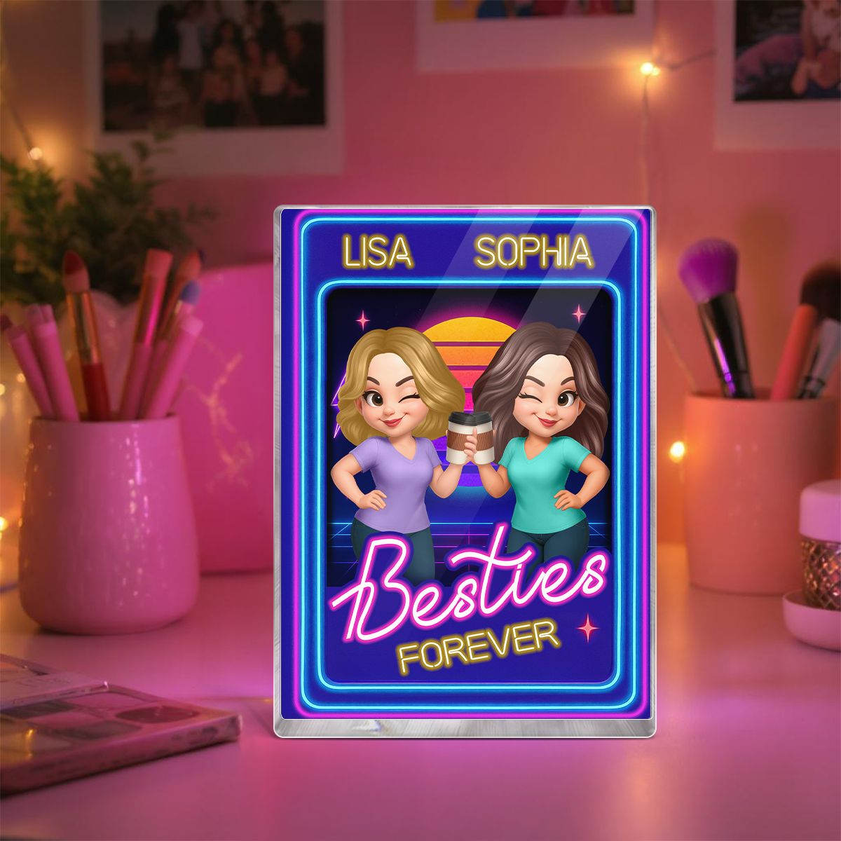 Besties Sisters Retro Rewind Neon Toy Box 3D Effect Personalized Acrylic Block