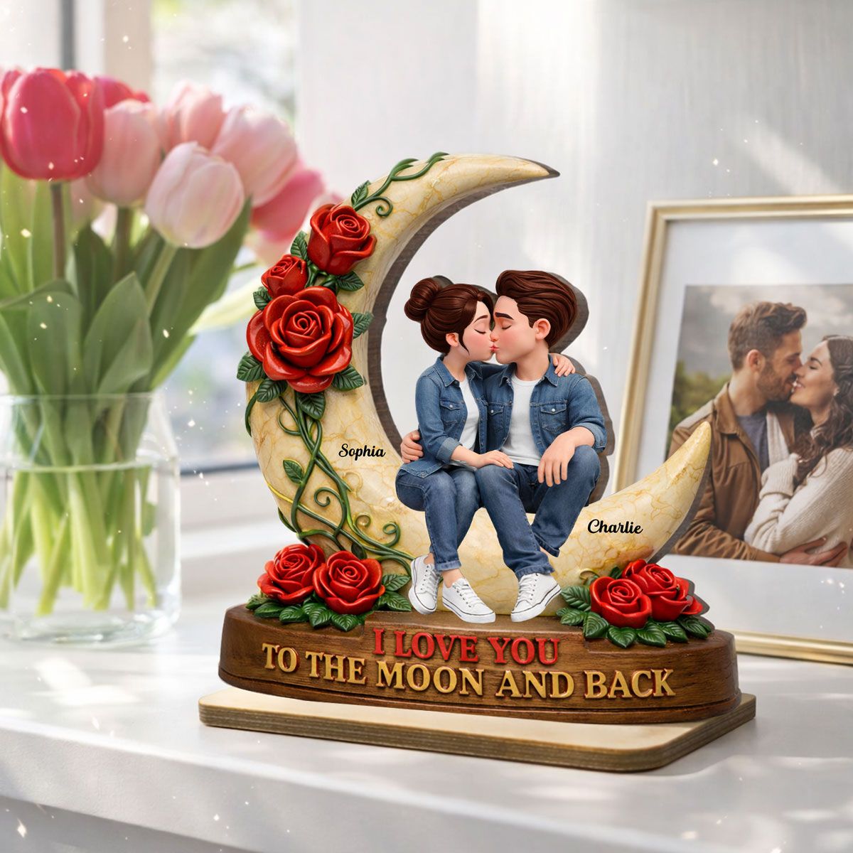 Couple Eternal Love to the Moon and Back - Personalized 2-Layered Wooden Plaque - Sentimental Valentine's Day Gift for Her, for Him