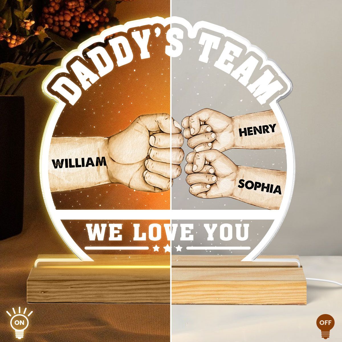 Daddy‘s Team Fist Bump Personalized Custom Shape Acrylic Warm LED Night Light